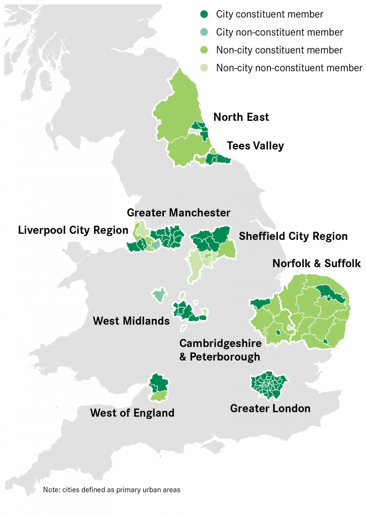 Centre for Cities metro mayors map Mayoral devolution deals agreed with government will benefit urban, suburban, and rural England, not just the centres