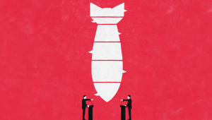 Two politicians accusing each other with bomb shaped speech bubbles CREDIT - Ikon - 00031538