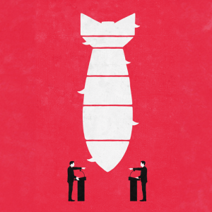Two politicians accusing each other with bomb shaped speech bubbles CREDIT - Ikon - 00031538
