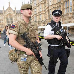 Police and soldiers on the streets after the Manchester bomb attack